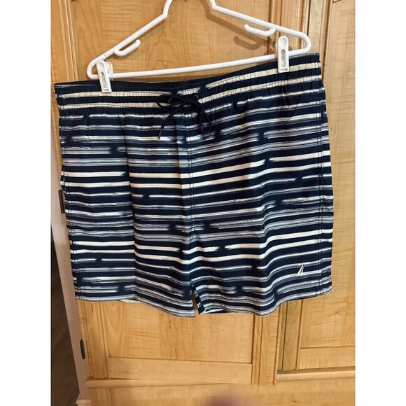 Nautica Mens Large Stripe Swim Trunks Board Shorts Polyester Navy & White Inside - Picture 2 of 6